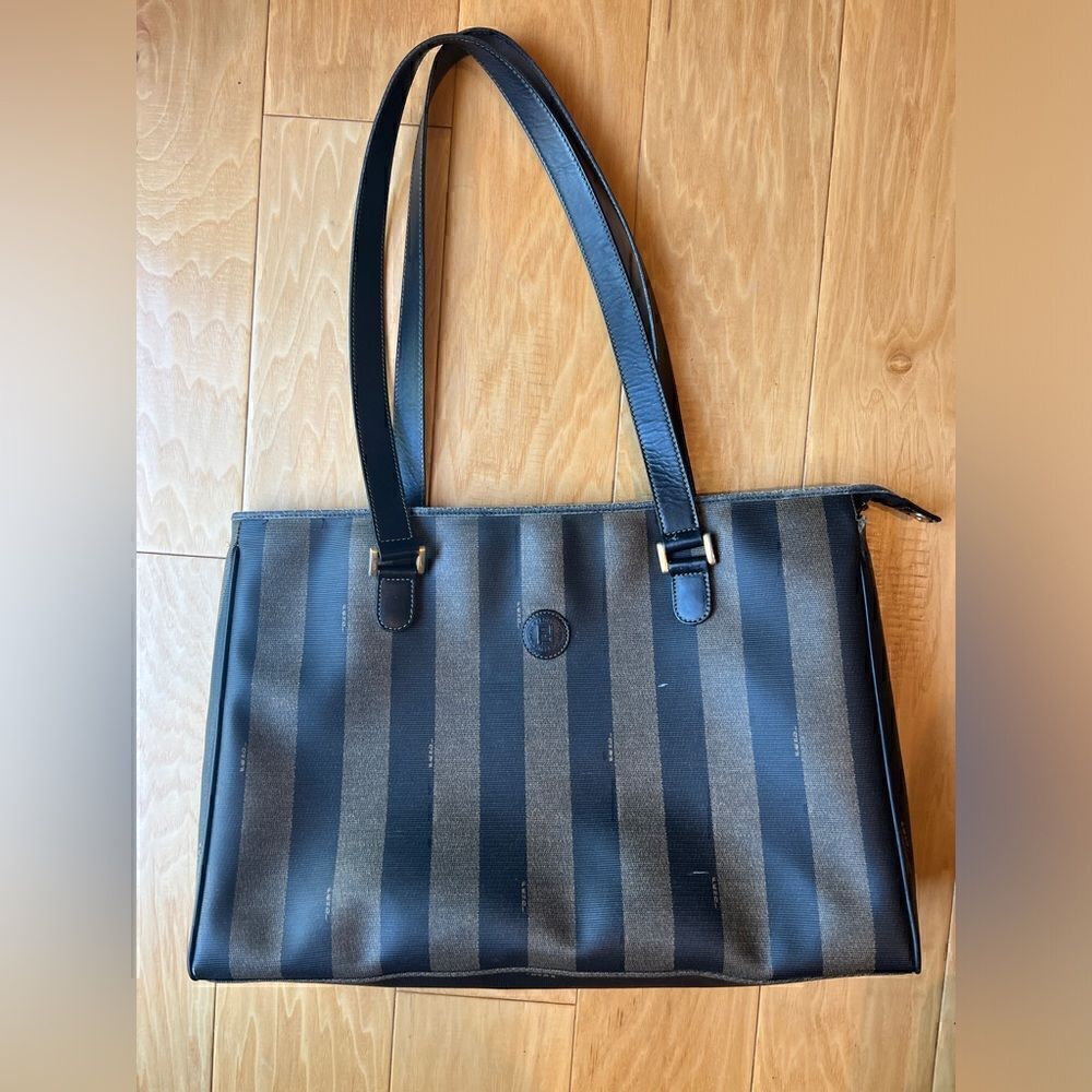 🤎 Vintage Fendi Coated Canvas Tote Bag with Leather Trim and Top Zip Closure 🖤